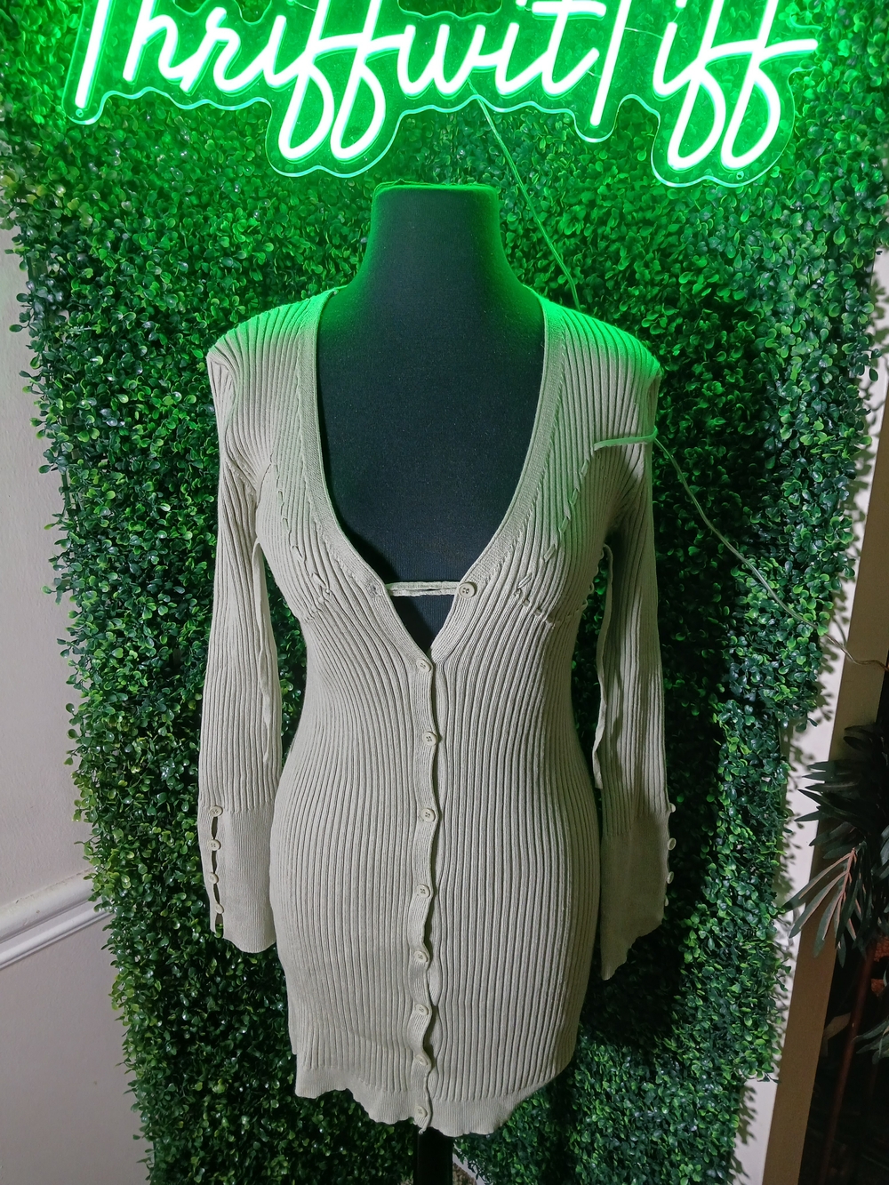 Cider Ribbed Button-Front V-Neck Cardigan Dress - Sage Green - Picture 2 of 3